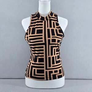 SHEIN Womens Large Tan Black Geometric Maze Print Mock Neck Sleeveless Top L